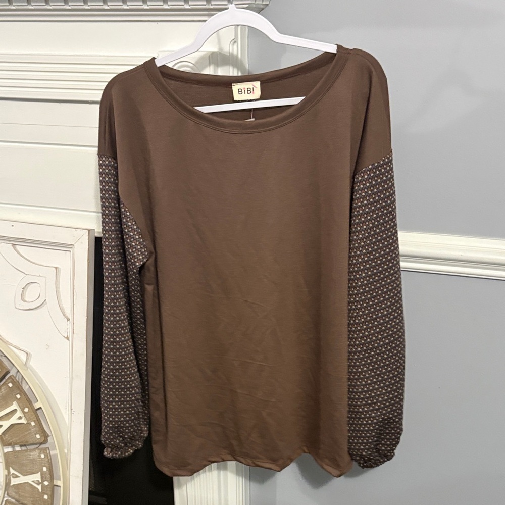 BiBi Chocolate Brown Long Sleeve Top with Patterned Sleeves NWT small oversized